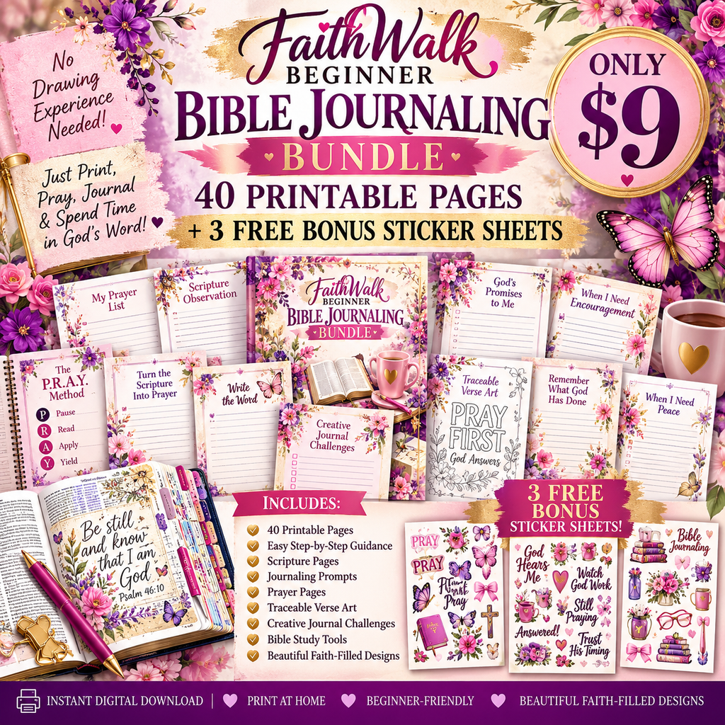Beginner Bible Journaling Kit – 40 Printable Pages + 3 Bonus Sticker Sheets